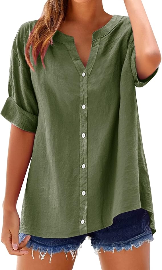 Yinguo Loose Shirt Top Stand Solid Color Sleeve Collar Casual Women's Shirt Women's Womens T V Neck