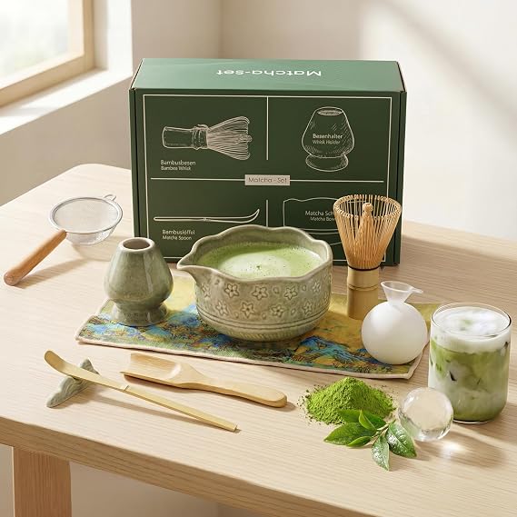 9-Piece Matcha Set with Ceramic Bowl and Bamboo Whisk a Complete Japanese Tea Ceremony Starter Kit for Making Traditional or Iced Matcha Green