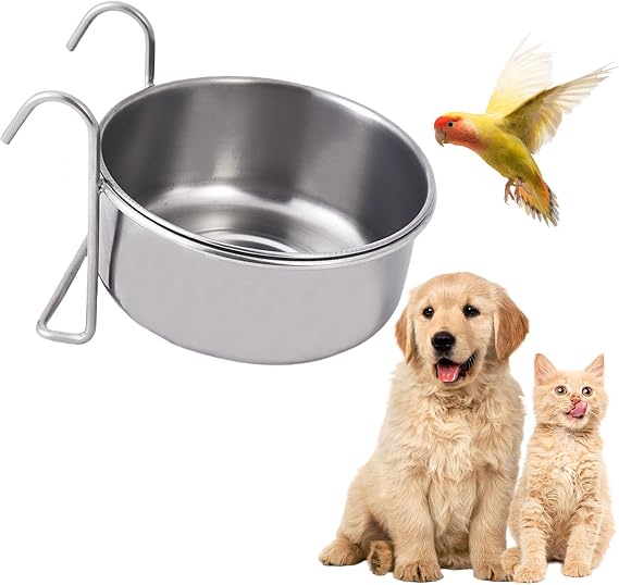 Bird Feeding Dish Cups,1PC Detachable Stainless Steel Parrot Water Food Bowl with Hook,Hanging Bird Cage Feeder Pet Bowl for Pet Dogs Parrot Cockatiel Budgies Small Animals (L)