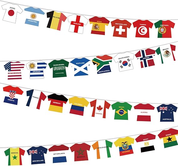 World Football 2026 Flags Bunting, 33ft/10m, 32 Countries Flag Bunting for World Cup Party Decorations, Double Sides Jersey Bunting for Restaurant Bar Club Decor (1 Pack)