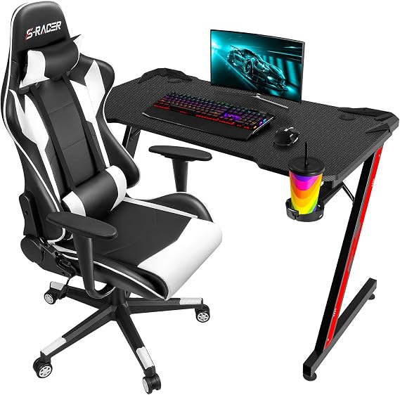 Gaming Chair Racing Computer Chair PU Leather Swivel Office Chair and 43.6 Inch Z Shaped Gaming Computer Desk Table Combo Set Gaming Home Office Furniture Sets (White)