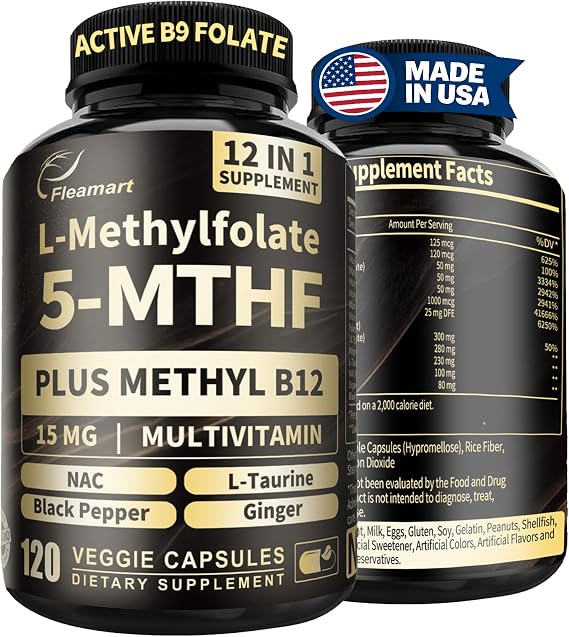 L Methylfolate 15mg Plus Methyl B12 - Methylated Vitamin B9 (5-MTHF) Supplement for Brain Health, Mood & Energy- High Absorption 12-IN-1 Methyl Folate - Third-Party Tested (120 Vegan Capsules)