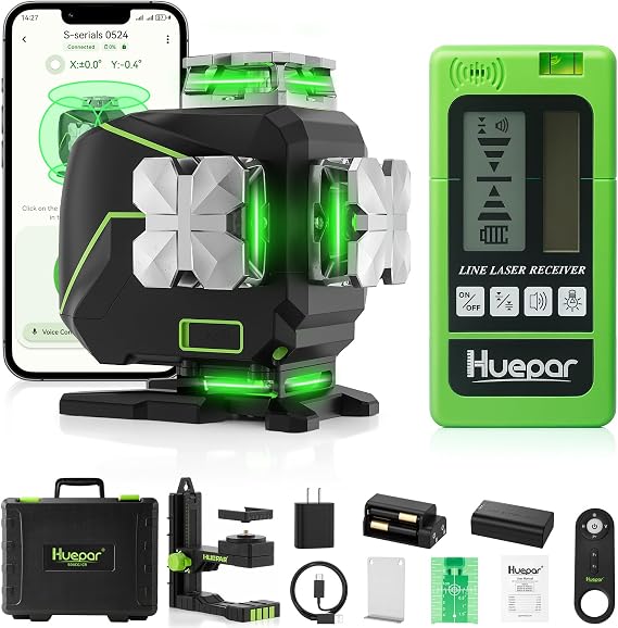 Huepar Laser Level 360 Self Leveling, S04CG 4x360 Green 4D Cross Line Laser with LCD Screen with Receiver -Pulse Mode, Bluetooth, Remote Control, Rechargeable 16 Lines Laser Tool for Construction