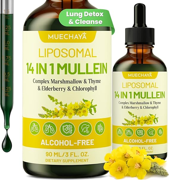 Mullein Drops For Lungs, Liposomal 14 In 1 Mullein - Lung Cleanse & Detox | Mullein Leaf Extract For Lungs, Mullein Drops with Elderberry, Chlorophyll, Thyme, Respiratory, Immune Health 3 Fl 0Z (Mint)