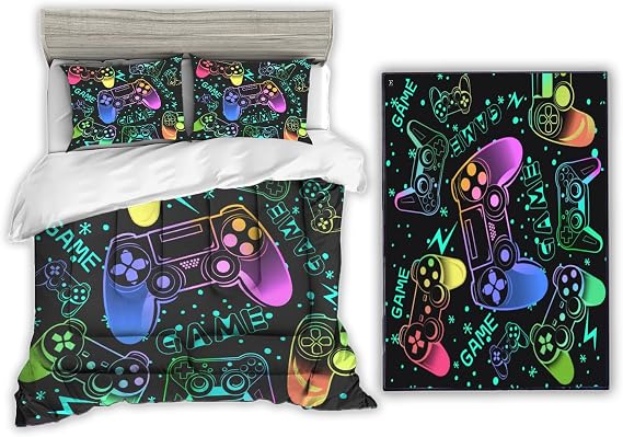 Sunnycitron Colorful Gamepad Queen Size Comforter Set 3 Piece- Includes 1 Comforter and 2 Pillowcase and Boys Area Rug 59"x39"