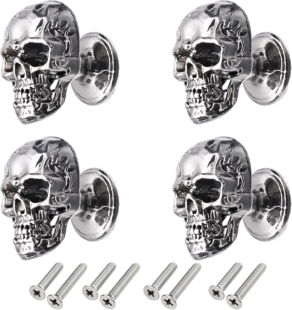 4 Pack Skull Skeleton Cabinets Knobs, Single Hole Pull Handle for Drawer Wardrobes Bookcases Dresser Closets Hardware Furniture Decoration (Silver)