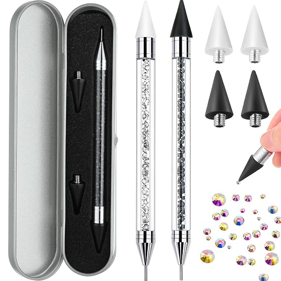 Tatuo 2 Pieces Rhinestone Picker Dotting Pen, Wax Pencil Pen, Black White