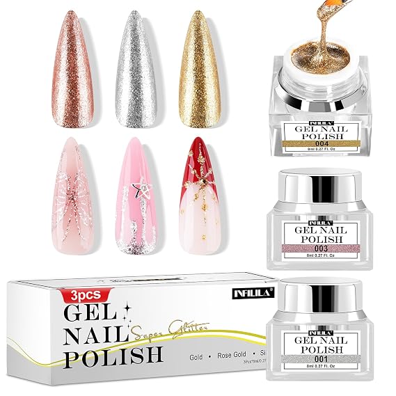 NXJ INFILILA Glitter Gel Nail Polish Set, 3 Colors Gold Silver Rose Gold Reflective Metallic Gel Polish, Holographic Sparkle Long-Lasting Soak Off UV LED Cured Gels for Salon DIY Manicure