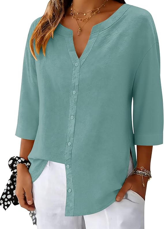 LOMON 3/4 Length Sleeve Womens Tops V Neck 3/4 Sleeve Sides Slit Button Down Shirts Cotton Linen Casual Loose Blouses