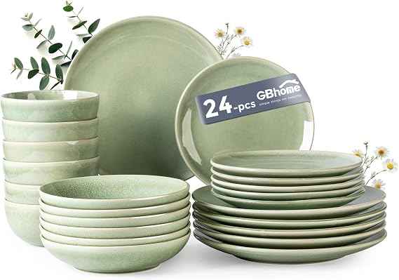 GBHOME Ceramic Dinnerware Sets for 6, 24 Pieces Handpainted Plates and Bowls Set, Scratch Resistant Stoneware Dishes Set, Dishwasher & Microwave Safe