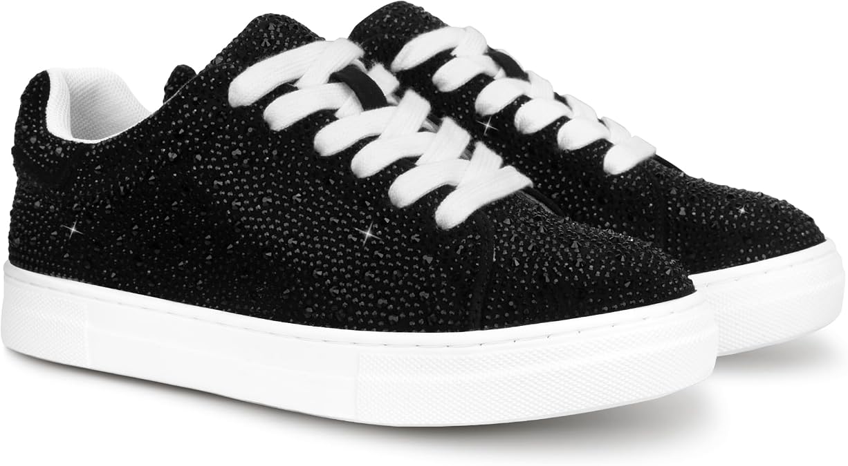 PARTY Women's Rhinestone Platform Lace Up Low Top Glitter Sneakers