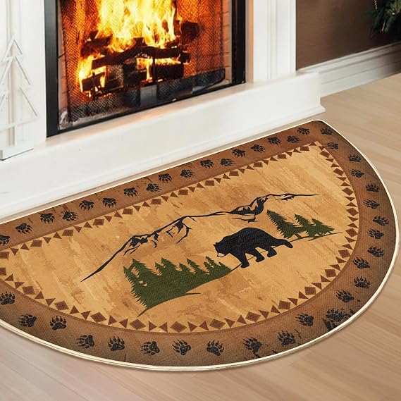 Kinlop Winter Half Round Hearth Rug Door Mat Bear Non Skid | Fireplace Rustic Rugs Cabin Non Slip Mat Nature Scene Kitchen Carpet for Outdoor Door Porch Bathroom Bedroom, 24'' x 35''