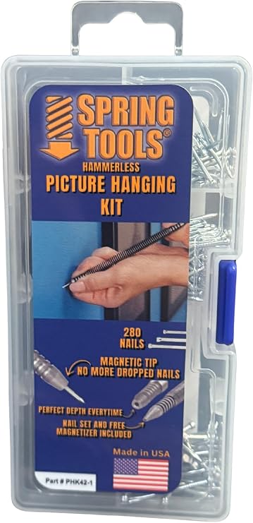 Spring Tools Hammerless Picture Hanging Kit - Nail Starter Tool with Magnetic Tip, 280 Nails - Easy DIY Wall Decor Hangers for Women, No Hammer Needed, Perfect for Frames, Art & Mirrors, Decor