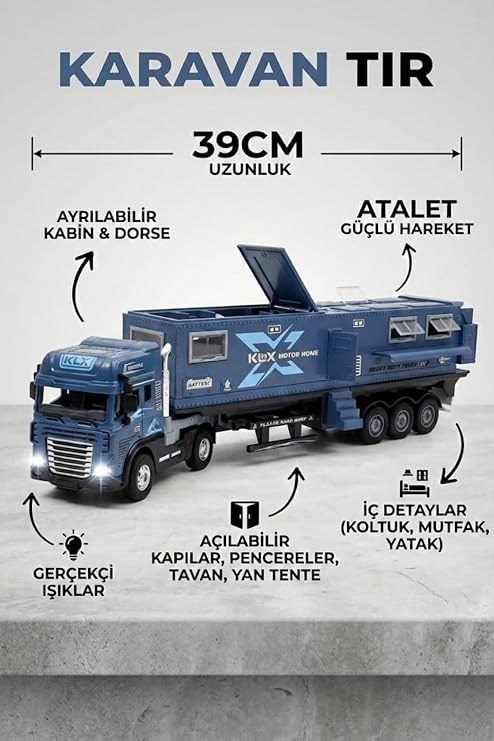 Oyuncak Tır Ve Karavan Seti - 39cm Büyük Boy Metal Kupa Işıklı Sesli Çek Bırak Oyuncak Araba