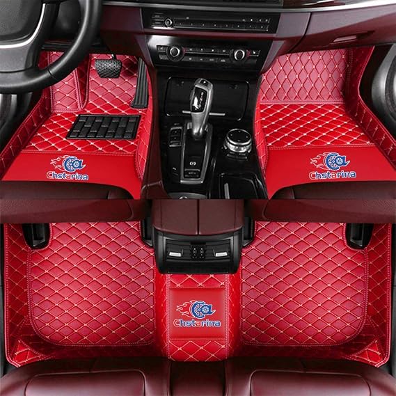 Custom Car Floor Mats for Truck Sedan Coupe&SUV Van Waterproof Anti-Skid Luxury Leather Full Coverage Liner Front&Rear Mat/Set Red