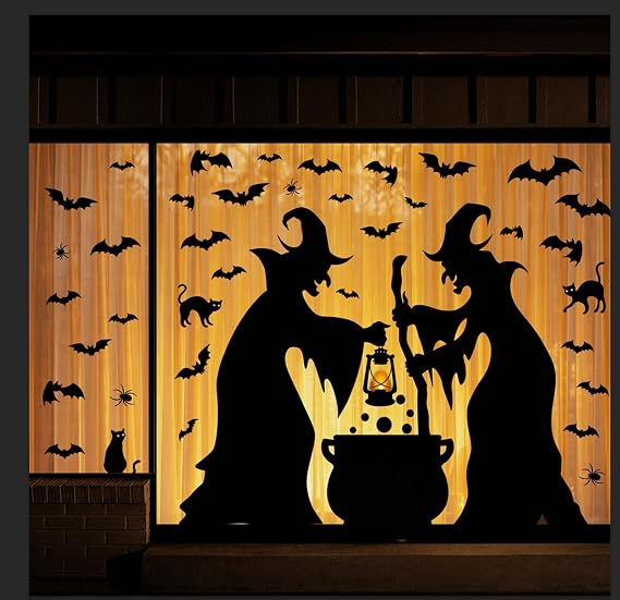 Halloween Decorations Window Clings Decor, Extra Large Witches with Black Cat Bats Spider Cauldron Silhouette Halloween Window Stickers Decals Indoor Outdoor, School Home Office Party, 3 Sheets