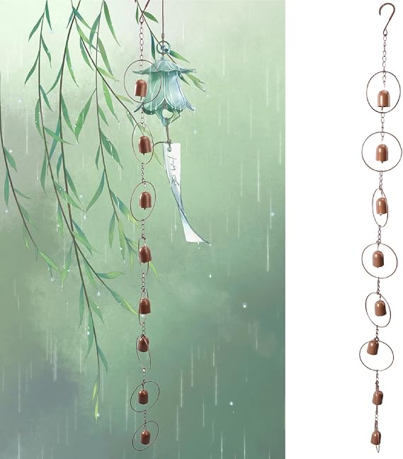 3.9ft Rain Chain for Gutters with 8 Good Luck Wind Bells for Outside | Iron Rain Chain, RustResistant Finish, Eaves, Balcony, Decor, Gifts for Women, Garden Wind Chimes Decorative, Gentle Chime