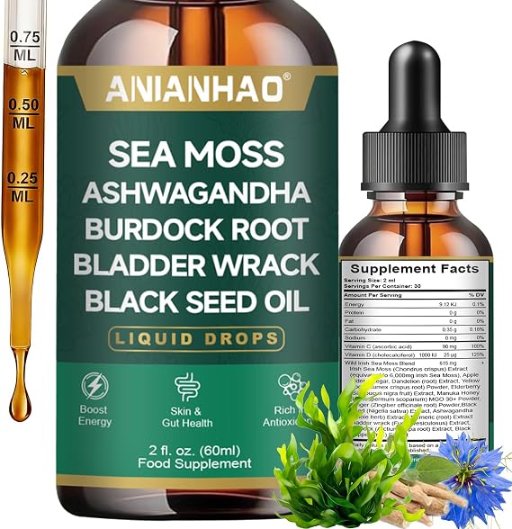 Irish Sea Moss Liquid Drops, Black Seed Oil Irish Sea Moss Ashwagandha Burdock Root & Bladderwrack - Multimineral Liquid Vegan for Gut Heath Energy Skin Immune Support & Hair, 60ml