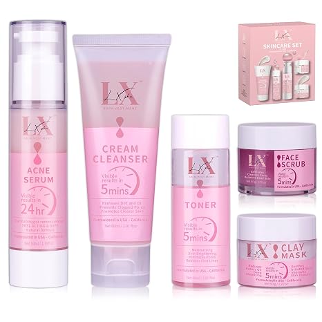 Hautpflegesets - 5-Schritte-Skin Care Set mit Gesichtsreiniger Gesichtspeeling Toner Gesichtswasser und Akne-Serum für Jugendliche und Erwachsene