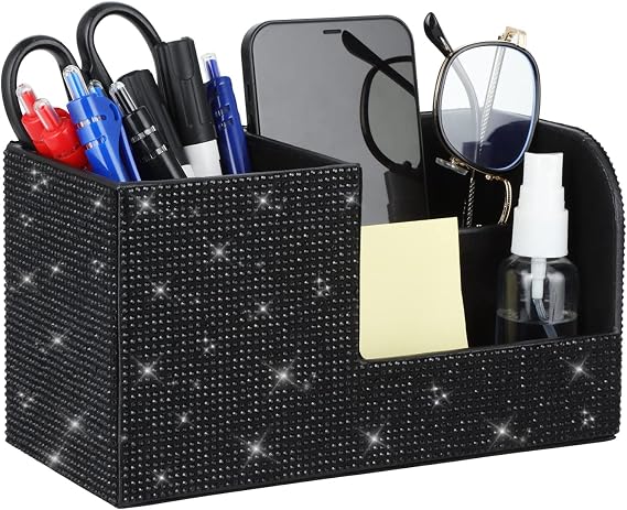 Desk Pen Pencil Holder Bling Pasted Rhinestones Paper Stationery Storage Box, Multi-functional Organizer for Pen,Pencil,Cell phone,Business Name Cards,Eye Glasses,Remote Control Holder (Black)