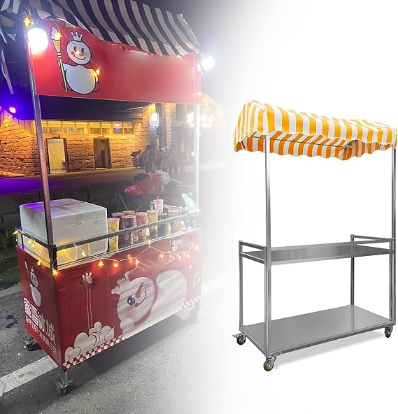 Food Stand Folding Market Stall Vendor Cart, Hand Push Cart for Food Sales with Canopy and 2 Tier Storage Counter, Commercial Retail/Food Event Kiosk Yellow,Length 120cm 47 1/4"