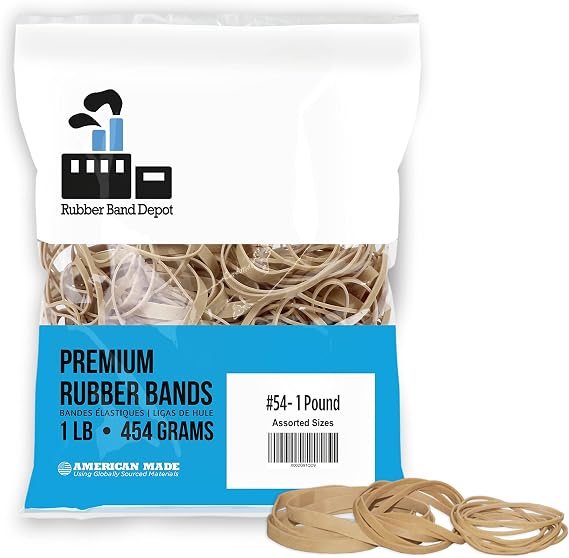 Assorted Size Rubber Bands, Rubber Band Depot, Assorted Sizes, Includes #64 (3-1/2 x 1/4 inches), #33 (3-1/2 x 1/8 inches), And #19 (3-1/2 x 1/16 inches) - 1 Pound Bag
