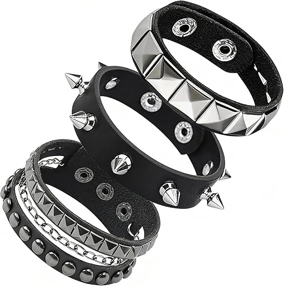 3 Pcs Studded Bracelet, Punk Rock Leather Bracelet, Leather Studded Cuff, Adjustable Wrap Wrist Cuffs, for Men Women, Concerts, Parties, Halloween, Prom