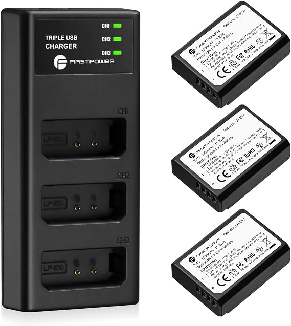 FirstPower LP-E10 Battery 3-Pack and Triple Slot Charger for Canon Camera