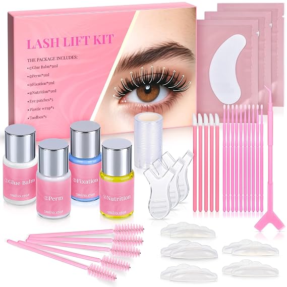 Lash Lift Kit, Eyelash Perm Kit with Glue Balm, Perm, Fixation, Nutrition, Silicone Pads, Y-Shaped Applicator, Professional Home Eyelash Lifting Set for Natural Long-Lasting Curl