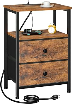 LOAKEKEL Night Stand, Nightstand with Charging Station, Slim Industrial Bedside Table with 2 Fabric Drawers, Small End Table with USB & Type-C Ports for Bedroom, Brown, HETS020BR-1