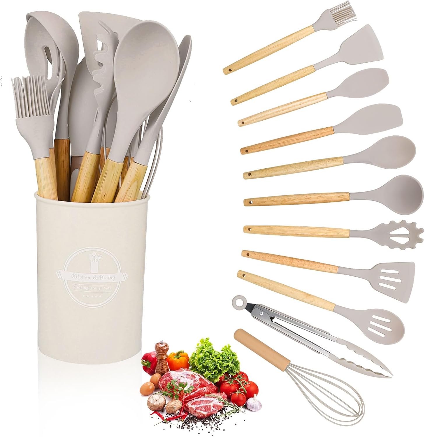 Kitchen Utensil Set 12 PCS Silicone Cooking Utensils Set with Wooden Handle Non-Stick Cooking Spoons Utensil Sets Silicone Kitchen Utensils Set Heat Resistant Kitchen Tools Khaki