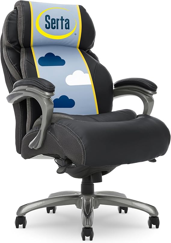 Serta Jackson Big and Tall Executive Home Office Chair with Smart Layers Technology, Wide Seat Cushion, Modern Comfy DeskChairs with Rolling Swivel Wheels, Bonded Leather, Black