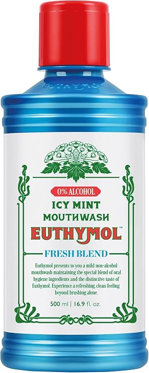 Euthymol Mouthwash ICY Mint 500ml, Contains Flouride, Alcohol-Free, Distinctive Strong Taste Flavour, Reduce Plaque Gingival Clean Healty Teeth Gums, Freshens Breath Refreshing Daily Oral Dental Care