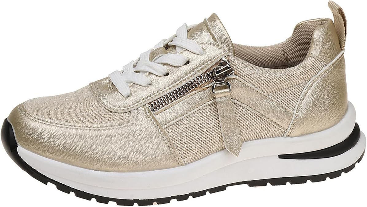 Lace Up Sneakers for Women Breathable Fabric Leather Upper Fashion Non-Slip Walking Shoes with Side Zipper Platform Casual Athletic Shoes Round Toe Tennis Running Fashion Sneakers