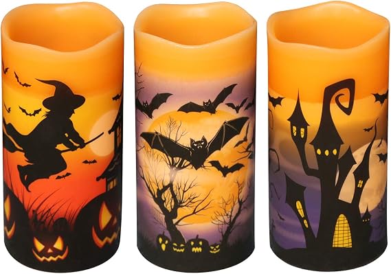 Halloween LED Flameless Pillar Candles Battery Operated with Timer