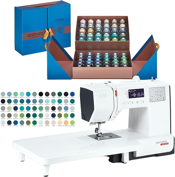 Bernette B38 Computerized Sewing Machine | LCD, 394 Stitch Patterns, Automatic Needle Threader, LED Light, Extension Table | Northern Lights Thread Bundle | Heavy Duty Performance & User Friendly