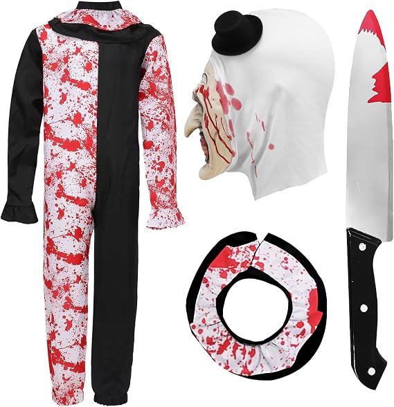 Kids Killer Clown Costume Mask Black White Scary Outfits Jumpsuit Mask Suit Boy Girl