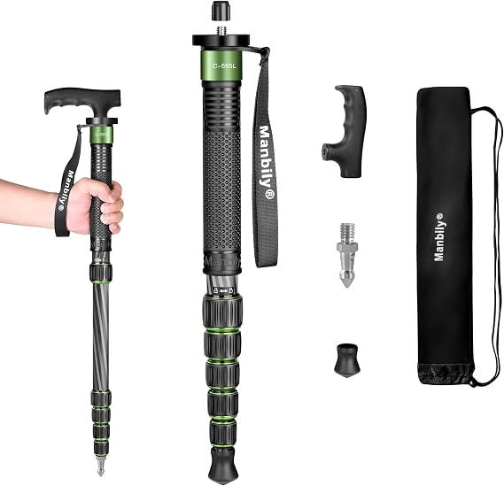 Manbily Carbon Fiber Camera Monopod, 61-inch Portable Compact Lightweight Travel Monopod Walking Stick for DSLR Camera Canon Nikon Sony Video (Green)
