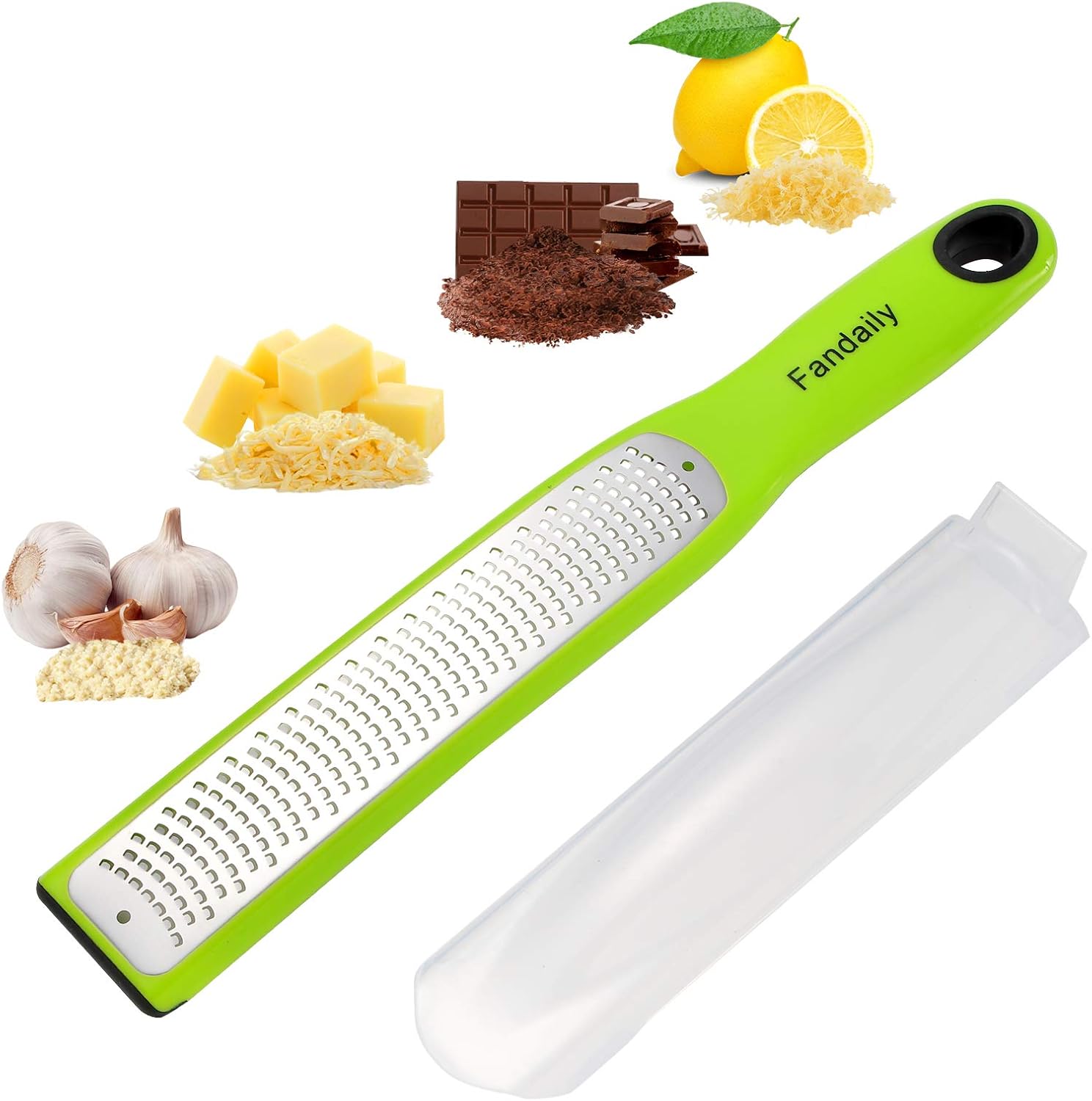 Fandaily Stainless Steel Zester Grater- Handheld Kitchen Tool for Lemon, Orange, Chocolate, Nutmeg, Ginger, Parmesan Cheese, Coconut, Citrus and so onGreen
