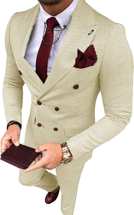 Men's Plaid Suit 2-Piece Classic Fit Double Breasted Jacket & Pants Set