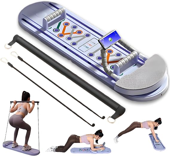 Pilates Board, Foldable Pilates Reformer Board, 6-in-1 Pilates Reformer Set with Automatic Rebound Ab Roller, Abdominal Exercise Machine for Home Workouts