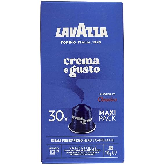 Lavazza, Crema e Gusto Classico, 30 Aluminium Coffee Capsules Compatible with Nespresso Machines, with Notes of Spices, Chocolate and Wood, Arabica & Robusta, Intensity 12/13, Medium Roasting