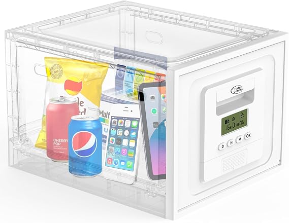 Combo & Timed Lock Box Clear Plastic Medication Lock Box With Combination Lock, Locking Snack Container For Fridge/Refrigerator, Tablet, Cell Phone Locker Time Safe(Clear Timer)