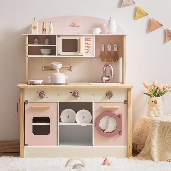 ROBOTIME Wooden Play Kitchen Set, Pretend Play Kitchen Set for Kids with Realistic Design, Kids & Toddlers Kitchen Playset with Dishwasher, Toy Kitchen Set for Boys and Girls Ages 3+ (Pink)