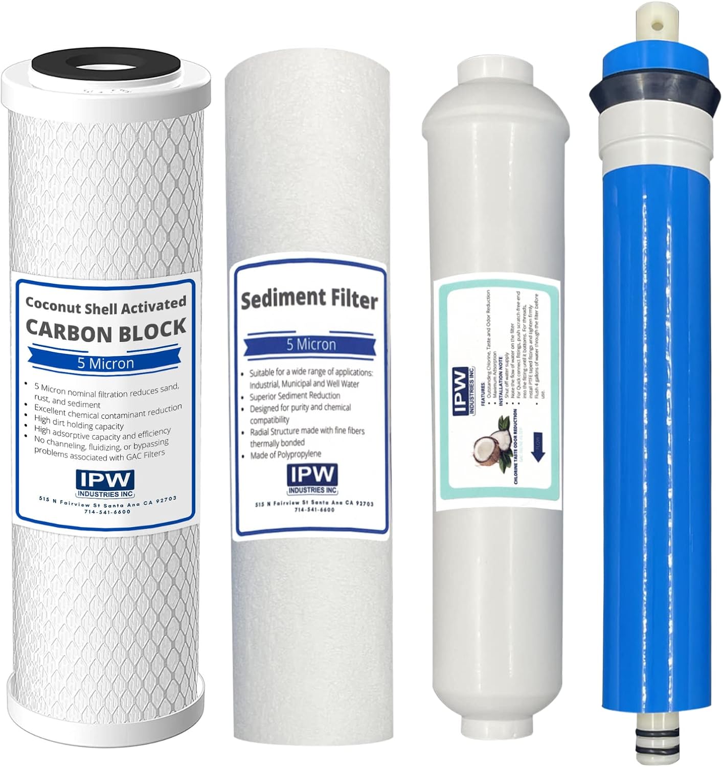 4 Pack of filters including 50 GPD Membrane w 14 JG QC by IPW Industries Inc