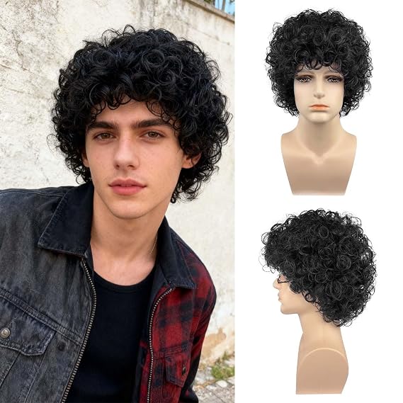 FCHW Mens Short Black Wigs Short Hair Wig Mens Wigs Short Straight Hair Wig Synthetic Hair Full Wig for Male (Black wave)