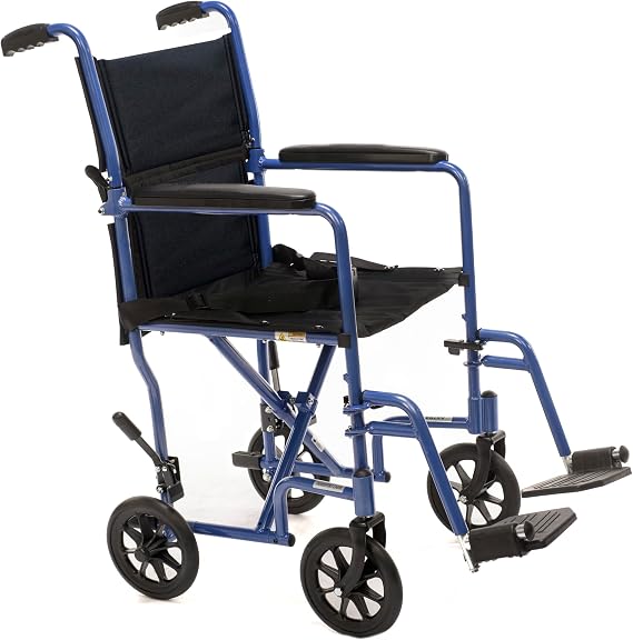 19 Aluminum Transport Wheelchairs for Adults, Foldable and Lightweight - Blue Transfer Wheel Chair for Seniors - Nylon Seat, Padded Armrests, and Swing Away Footrests