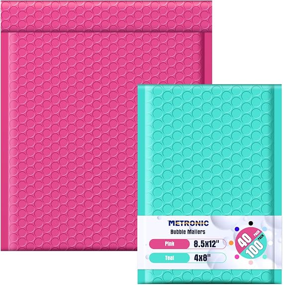 Metronic 100 Pack 4x8" Teal +40 Pack 8.5x12" Pink Padded Envelopes,Waterproof Thick Padded Envelopes Strong Adhesive for Shipping, Mailing, Packaging