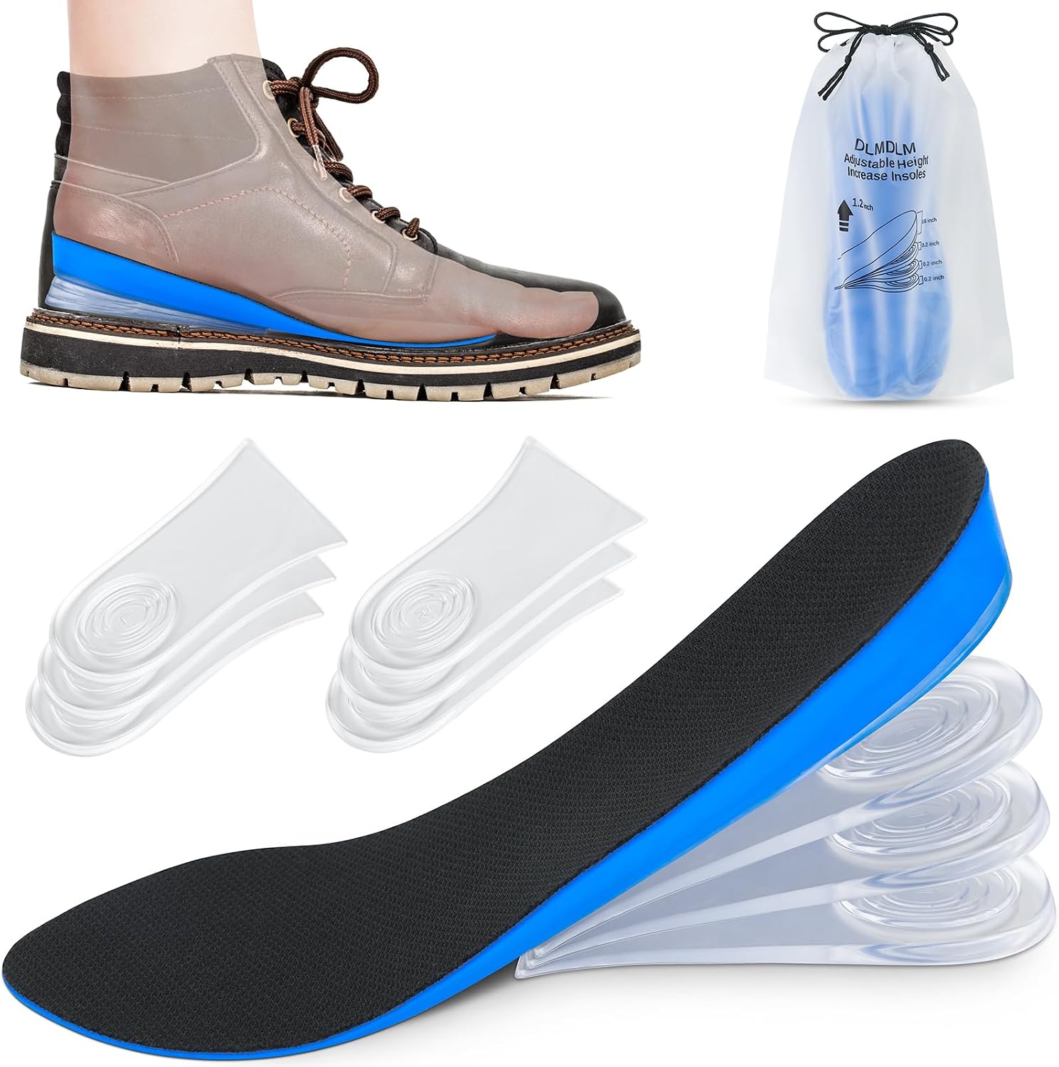 4 Layers Adjustable Height Increase Insoles, 3/4 Length Shock Absorption Shoe Lift Inserts, Cushion Heel Lift Inserts for Leg Length Discrepancies and Achilles Tendonitis (Medium)