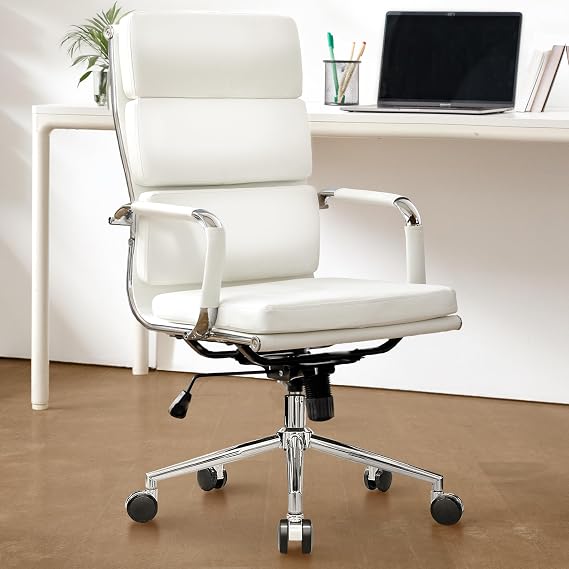 NEO CHAIR Office Desk Ergonomic Chair Leather Executive High-Back Modern Conference Comfy Adjustable Padded Swivel Rolling Home Vanity Chairs with Arms Wheels (White)